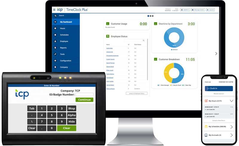 time clock devices on display with employee time tracking software on the screens