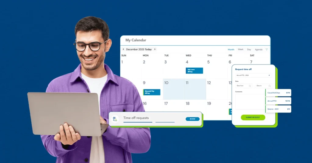 A guy in a purple button down shirt looking at a leave management platform screenshot
