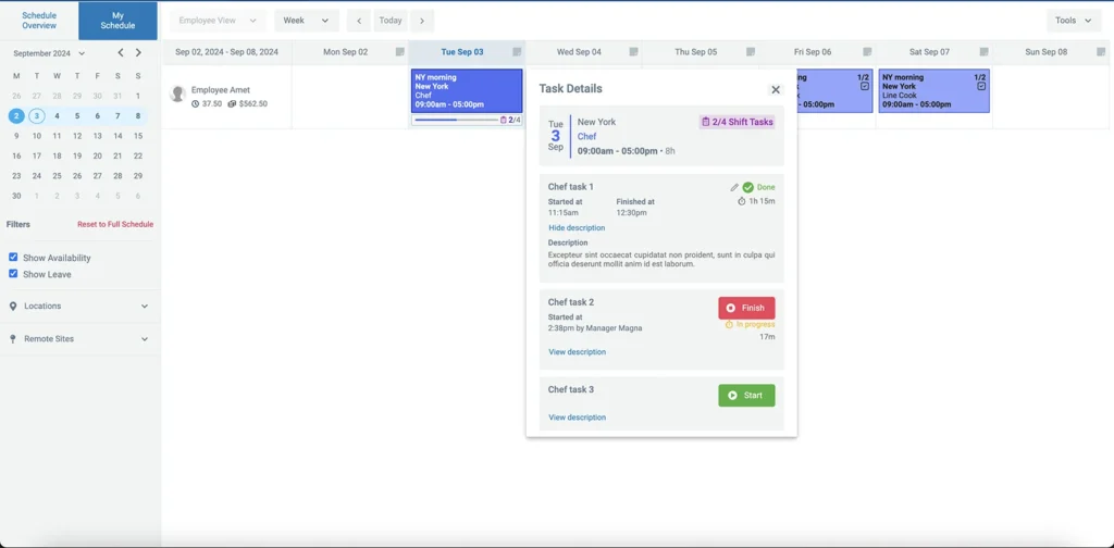 screenshot of schedule overview