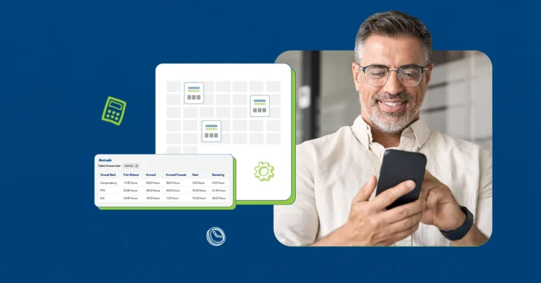 A man looking down at a smartphone curious, smiling, learning how to calculate PTO with a product. The man is in a cutout and has product screenshots beside him of time charts.