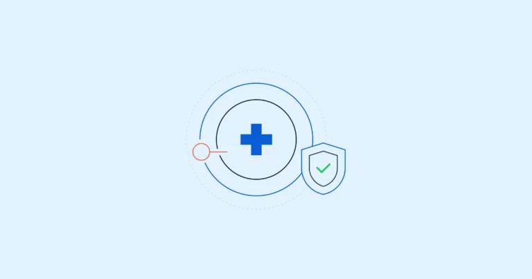 A cross sign healthcare symbol in blue, with a shield symbol in green to its right, on a blue background, to symbolize healthcare centers and overtime management