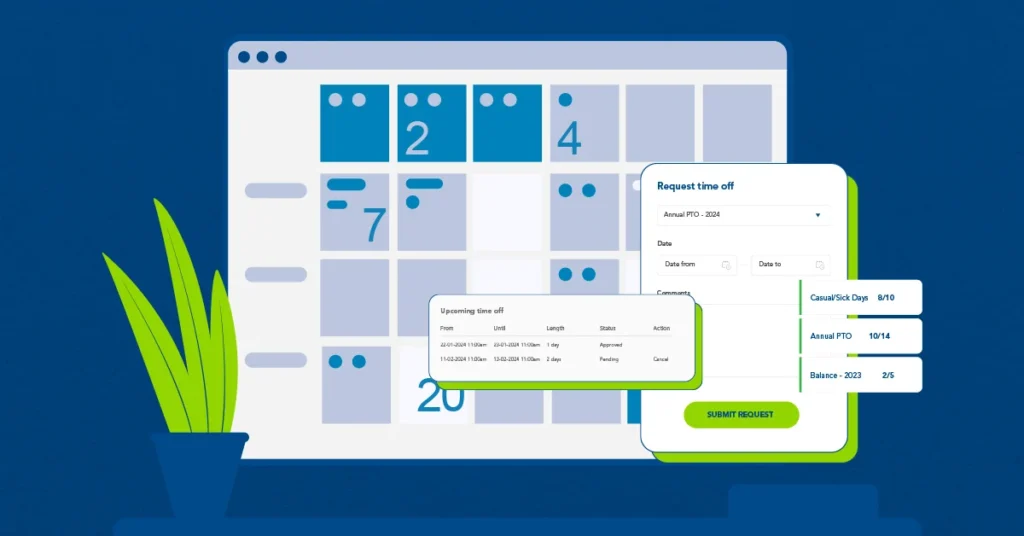 A product screenshot of a calendar, on a blue background, showing the ability to document paid holidays automatically