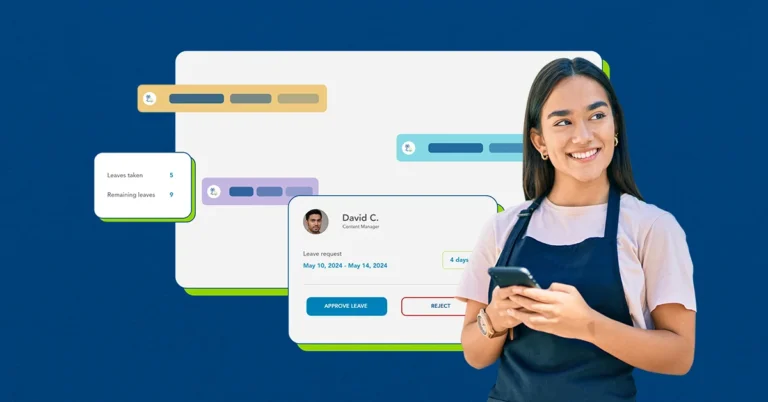 A woman looking slightly away from direct to the viewer, with product screenshots behind her describing "how does pto work" through image breakdowns