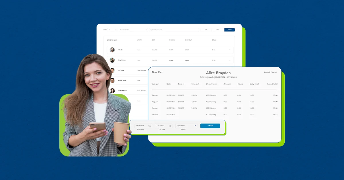 A cutout of timesheet software screenshots with a woman's headshot demonstrating certain features