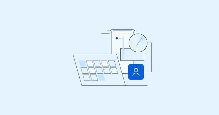 Abstract business icons on a blue background to demonstrate the features of the interface in TimeClock Plus