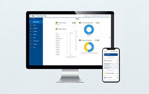 Computer monitor and iPhone in a flat display, showing an employee time tracking system on both screens