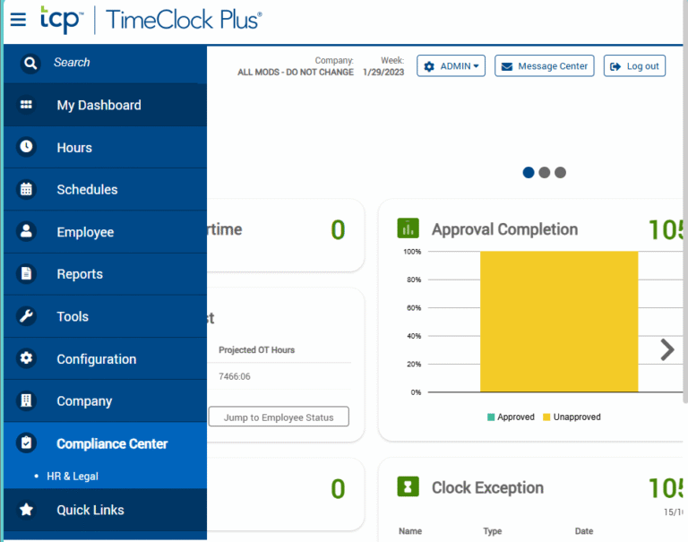 Compliance Center navigation tree in TimeClock Plus