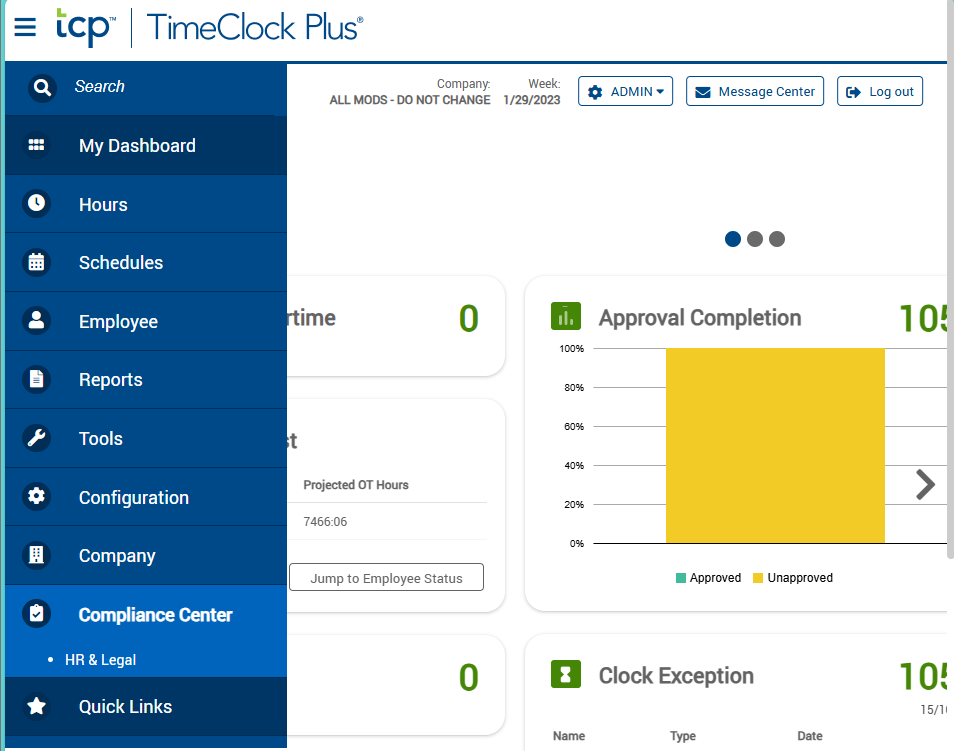 Compliance Center navigation tree in TimeClock Plus