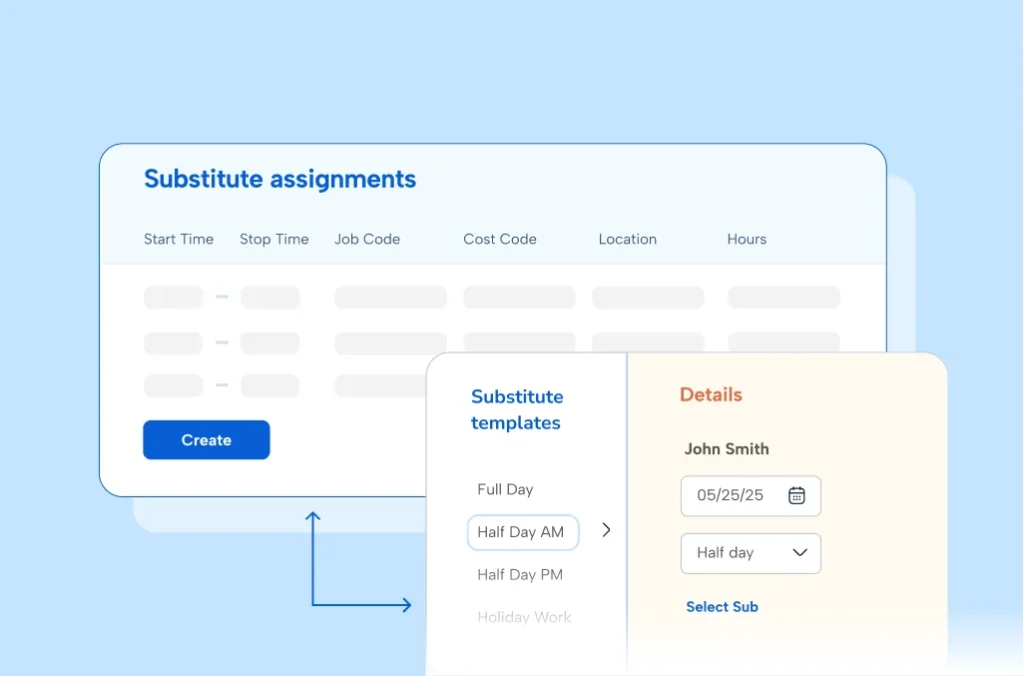 Automated substitute management pop up rectangle and sub templates in TimeClock Plus