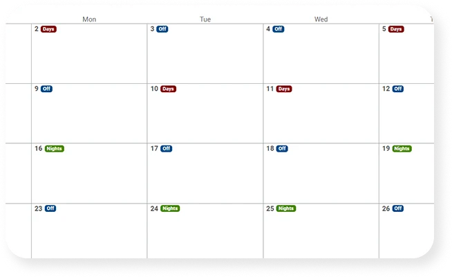 Screenshot of the 2-2-3 rotation shift schedule