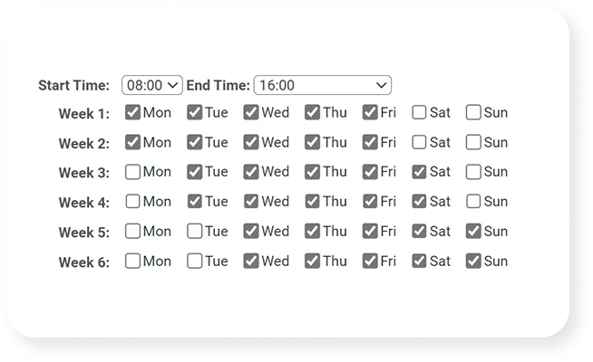 screenshot of the 5 on/2 off, 5 on/3 off rotation shift schedule