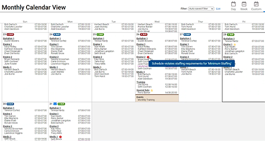 Aladtec Compliance Monthly calendar view with staffing violation