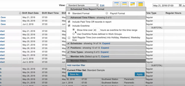 Aladtec Labor costs and budgeting Scheduled time report advanced filter
