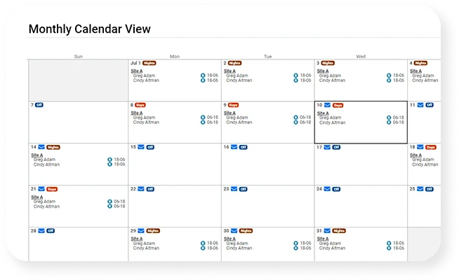 calendar view of the DuPont shift schedule