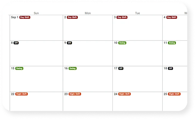 screenshot of the southern swing rotation shift schedule