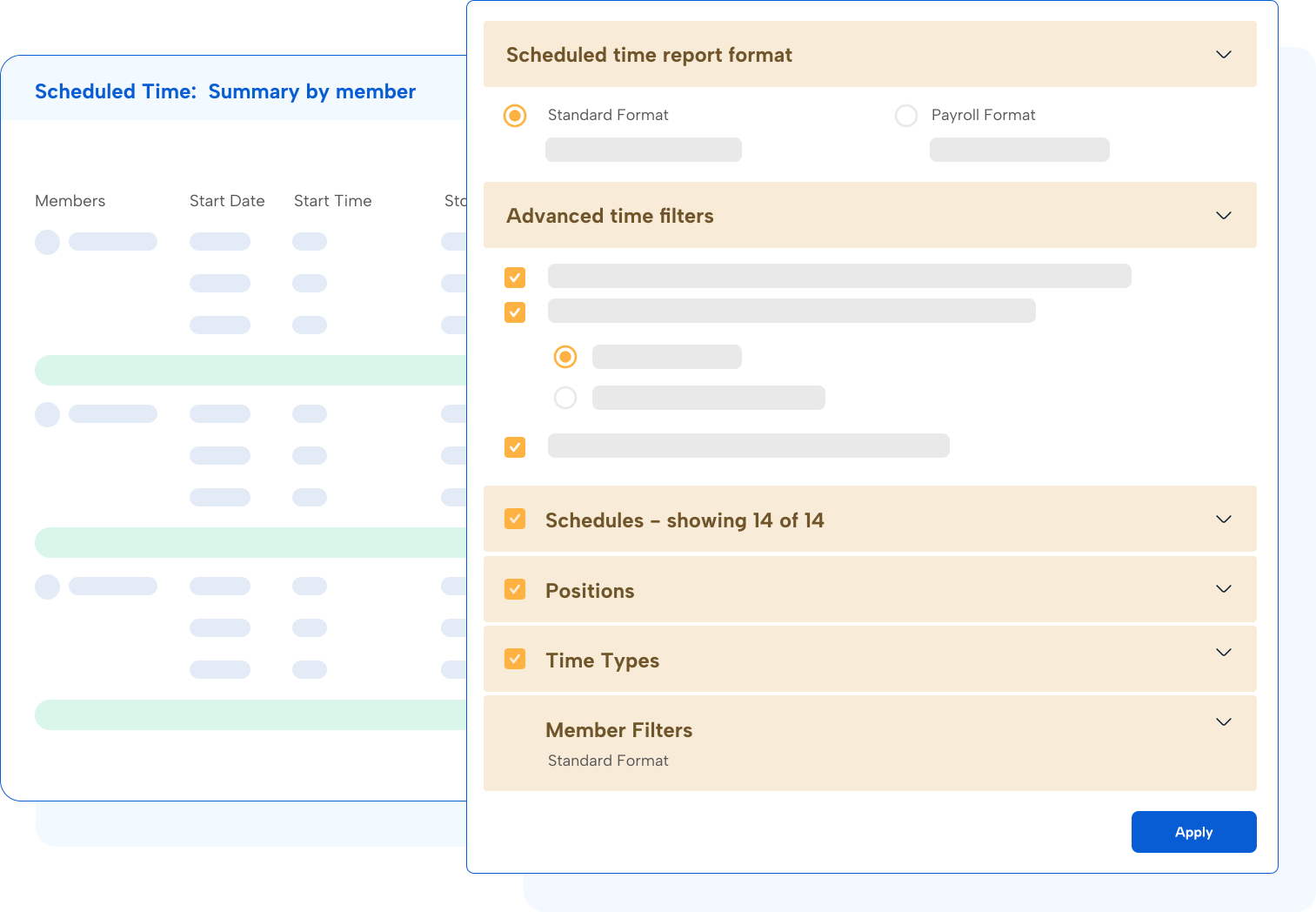 Aladtec reporting Scheduled time report advanced filter