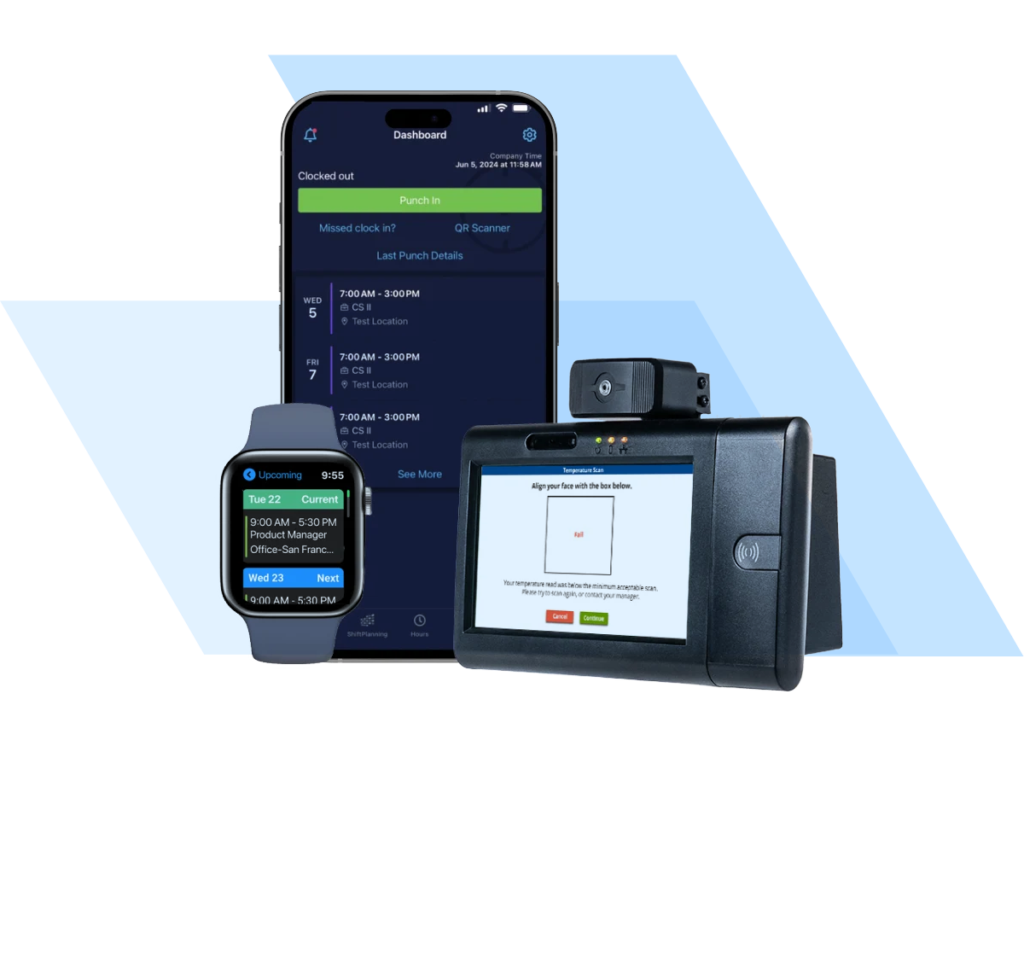 Three TCP time clock options on different devices: Apple Watch, Biometric Scanner, and Mobile Clock In