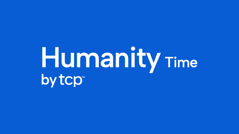 TCP announces the rebrand of Timeco to Humanity Time, with the new logo sitting on a bright blue background