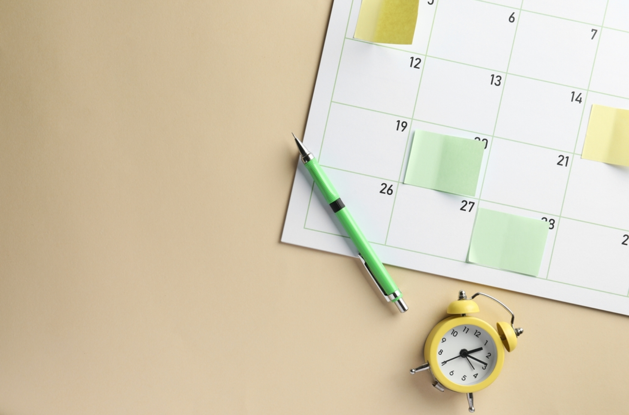 Calendar with marked slots to represent paid holidays and leave days