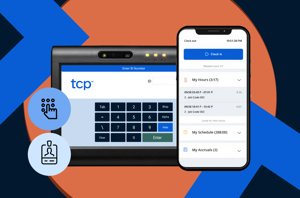Two types of employee time clock devices — a badge reader and a mobile app clock in — along with touch biometric icons, on a background of an orange circle, blue chevron marks, and a dark landscape backlay