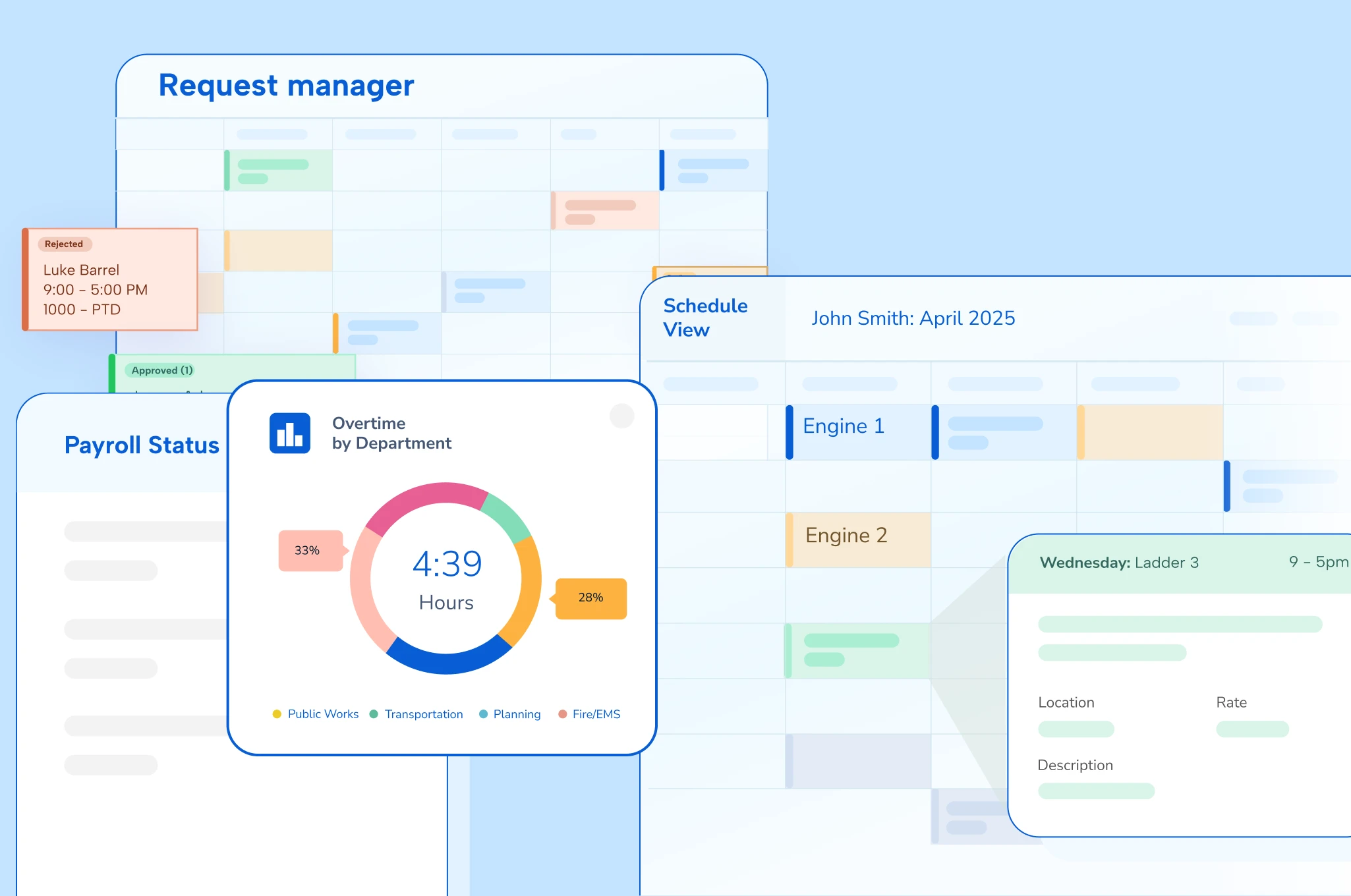 Overlapping product displays of schedule request managers, payroll status pop ups, and scheduling views, showing the features of Aladtec and TimeClockPlus Public Safety Scheduling and Time Tracking