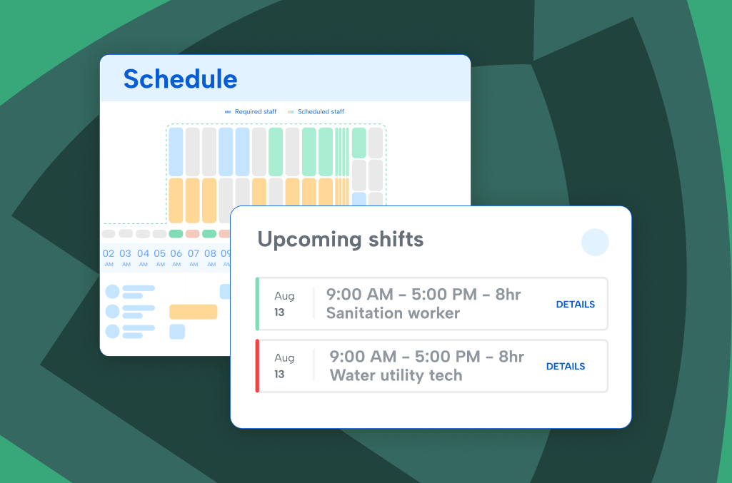 Product snippets showing the benefits of employee scheduling software, such as the schedule previewer and upcoming shifts screen, on a dark green striped background