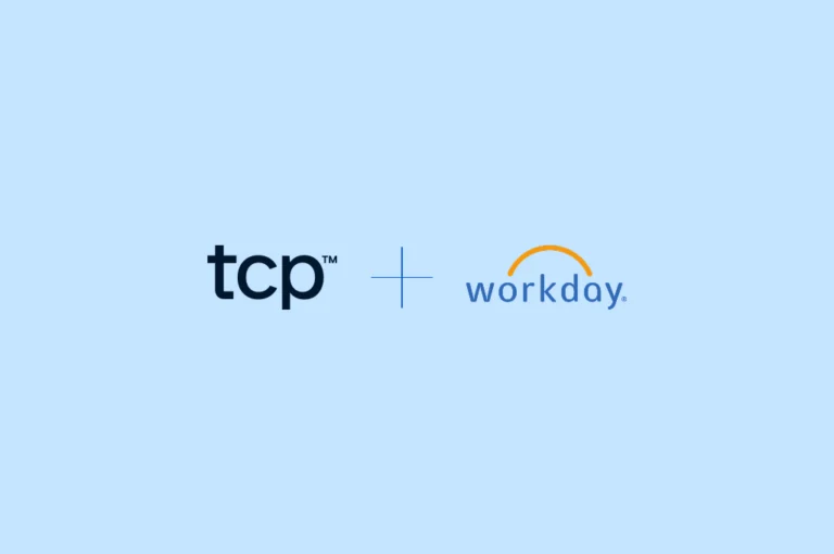 Soft blue background with the TCP logo and Workday logo side by side, to illustrate their partnership