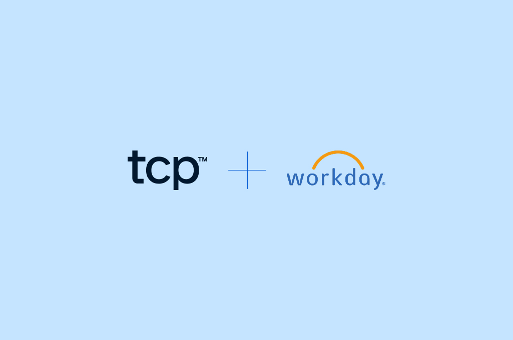 Soft blue background with the TCP logo and Workday logo side by side, to illustrate their partnership