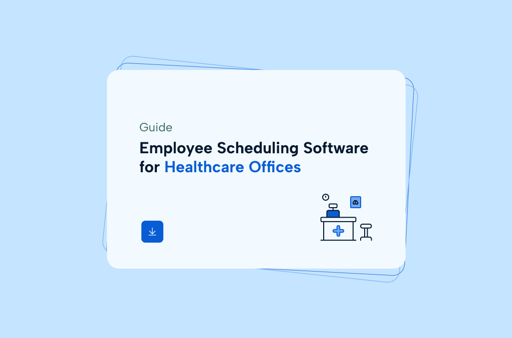 Blue background with a white rounded edge rectangle, with "Employee Scheduling Software for Healthcare Offices" as the label