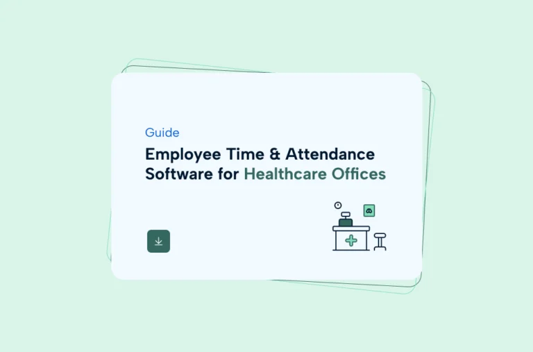 A green rectangular background with a white rectangle in the foreground, labeled "Employee Time and Attendance Software for Healthcare Offices"