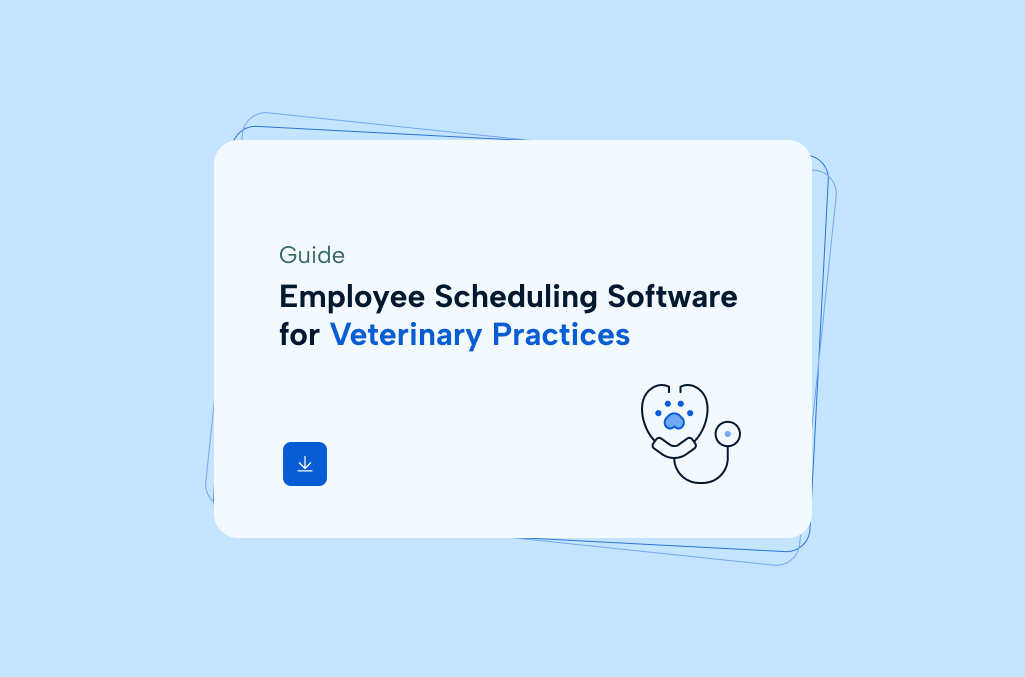 Blue background with a white rounded rectangle in the foreground, with the label "Employee Scheduling Software for Veterinary Practices"