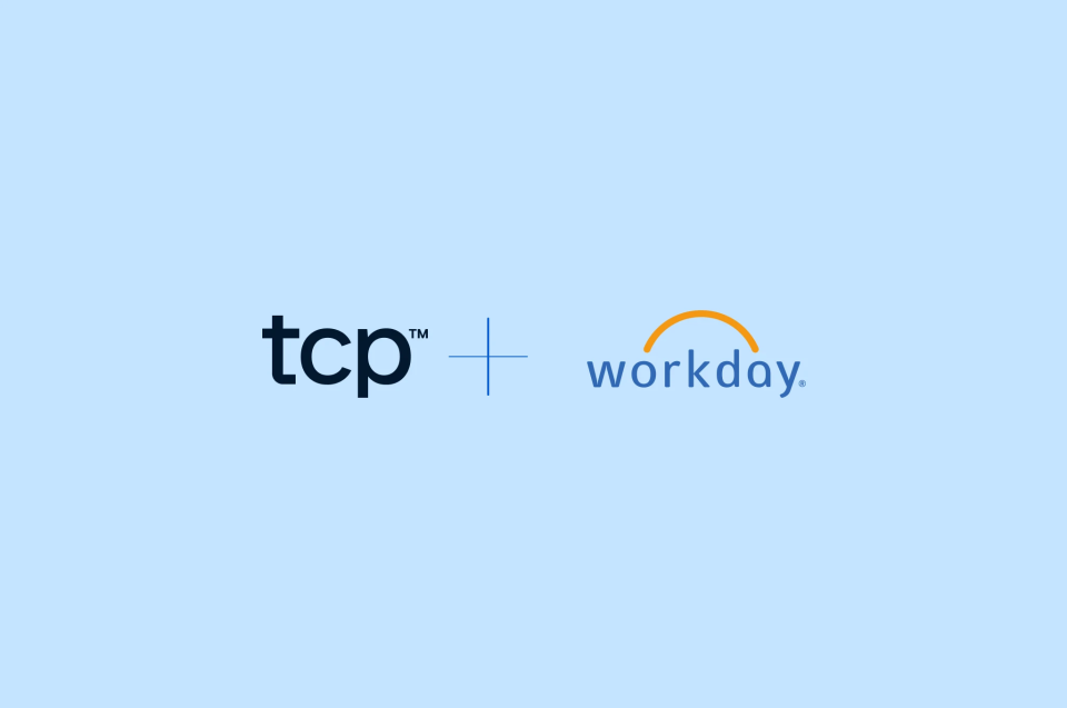 Soft blue background with the TCP logo and Workday logo side by side, to illustrate their partnership