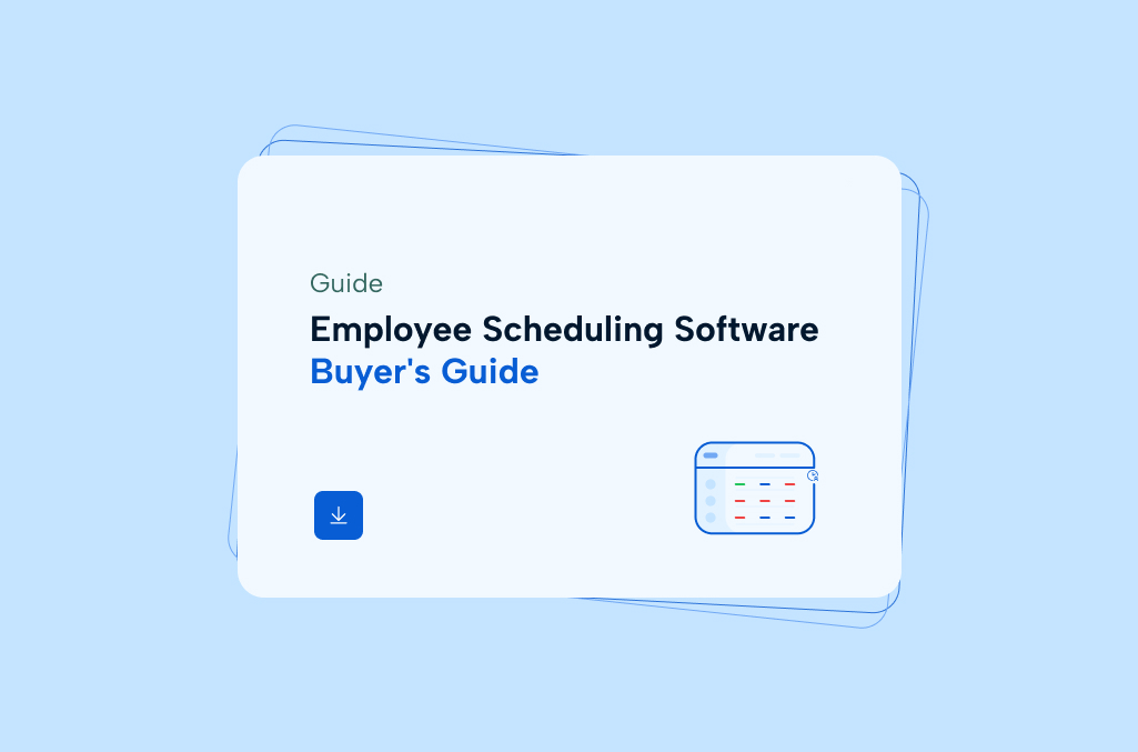 light blue background with off white overlay with text "Guide: Employee Scheduling Software Buyer's Guide" and calendar drawing in bottom right corner