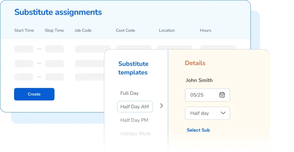 Preview of substitute assignment feature pop ups and templates for substitutes in TimeClock Plus