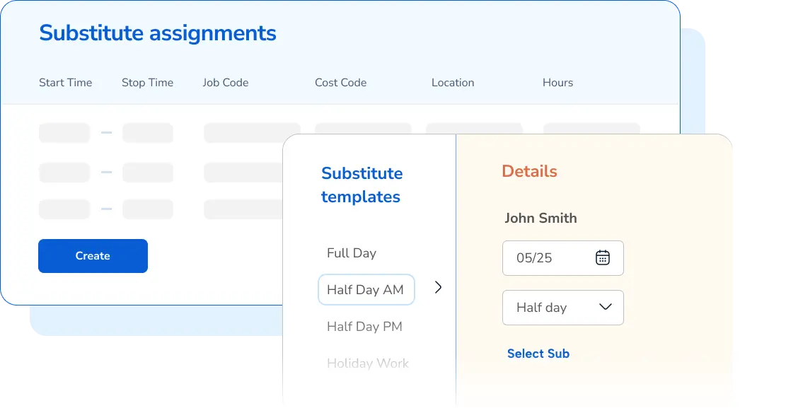 Preview of substitute assignment feature pop ups and templates for substitutes in TimeClock Plus