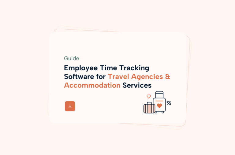 Light pink background with the title "Employee Time Tracking Software for Travel Agencies and Accommodation Services"