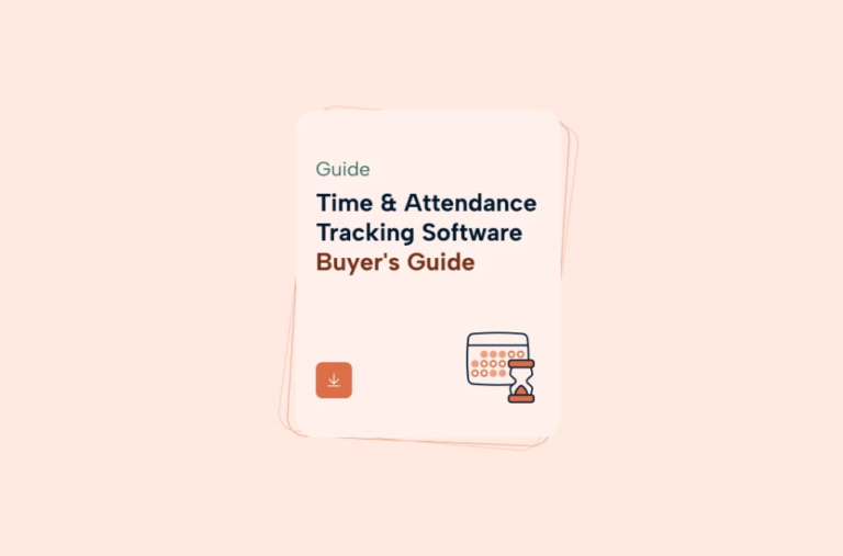 Time and attendance tracking software buyer's guide headline, with a calendar icon, all on pinkish-peach background color