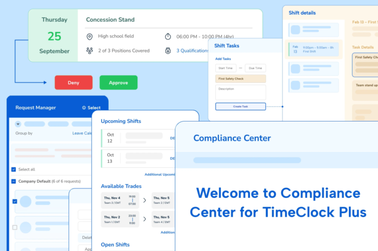 A variety of product images and screenshots from TimeClock Plus and Humanity Schedule as part of the TCP Software 2025 Year in Review compilation