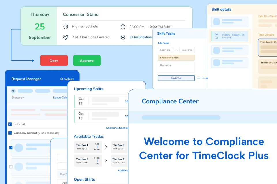 A variety of product images and screenshots from TimeClock Plus and Humanity Schedule as part of the TCP Software 2025 Year in Review compilation