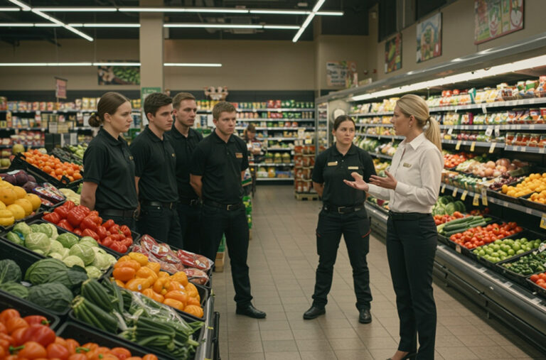 A team of grocery store workers standing in a produce section, listening to their manager give direction on how to improve time tracking in retail
