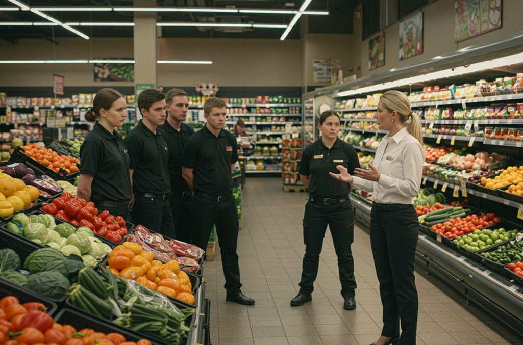 A team of grocery store workers standing in a produce section, listening to their manager give direction on how to improve time tracking in retail