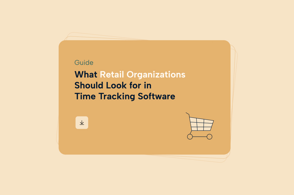 The title "What Retail Organizations Should Look for in Time Tracking Software" on a soft orange rectangle shape, with a nude background color