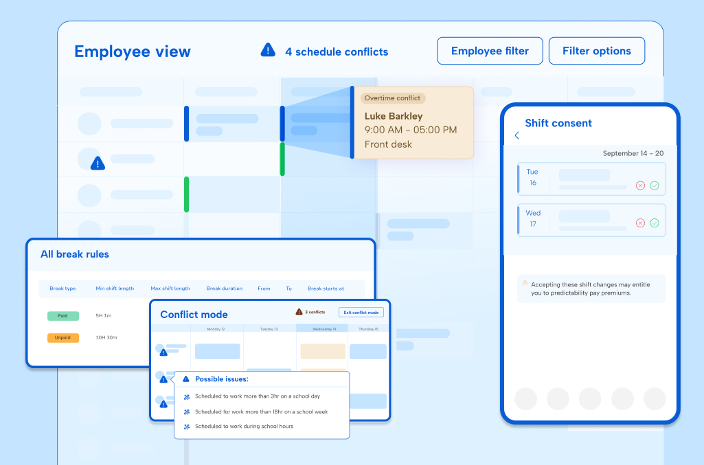 Screenshot overlay of Humanity Schedule compliance features