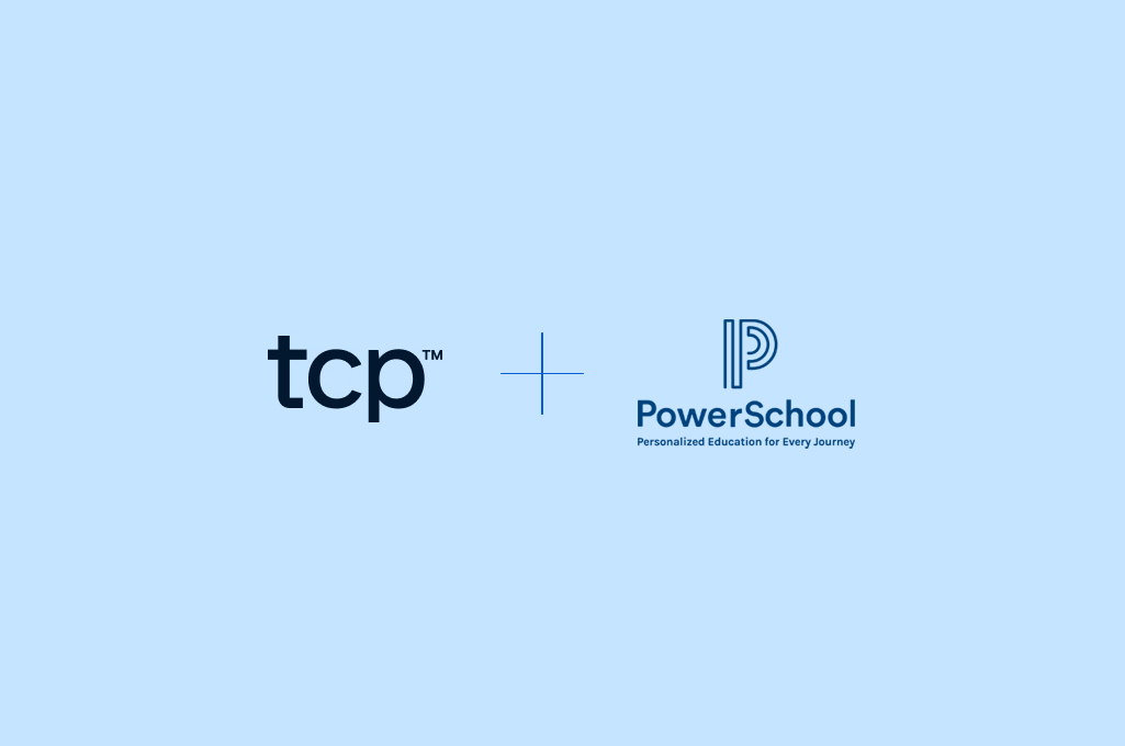 Resource card with light blue background featuring TCP + PowerSchool logos in dark blue