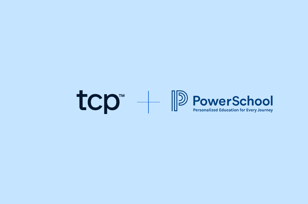 Resource card with light blue background featuring TCP + PowerSchool logos in dark blue