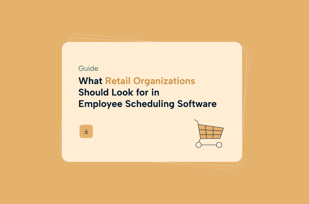 he title "What Retail Organizations Should Look for in Employee Scheduling Software" on a soft orange rectangle shape, with a nude background color