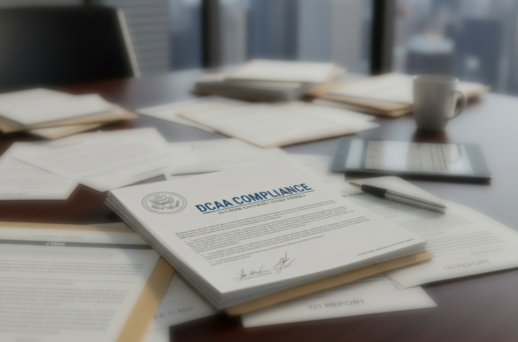 A stack of papers on a desk with the front page reading "DCAA Compliance"