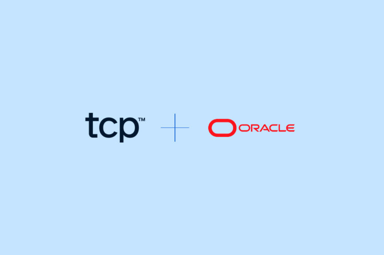 Oracle logo and TCP Software together on a horizontal baby blue background image