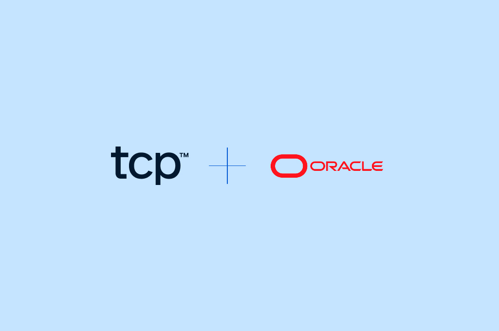 Oracle logo and TCP Software together on a horizontal baby blue background image