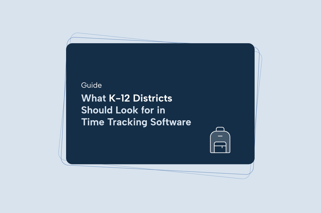 Backpack icon on blue background with a title to support time tracking software for K-12 content in the buyer's guide